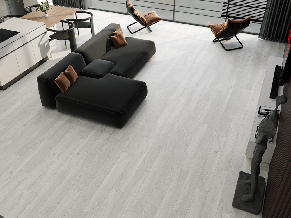 Кварцвиниловый SPC ламинат Cronafloor Wood Дуб Серебристый ZH-81126-1 1200×180×4 фото в интерьере